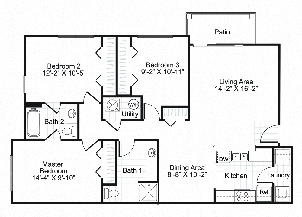 Floor plan for 3 beds, 2 baths, 1112 sqft